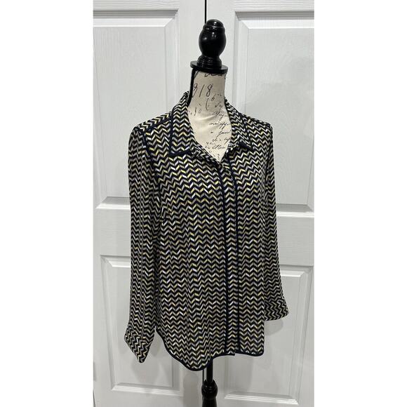 TOMMY HILFIGER Women’s Navy Yellow Chevron Print Button Up Blouse Top Large - Picture 3 of 5